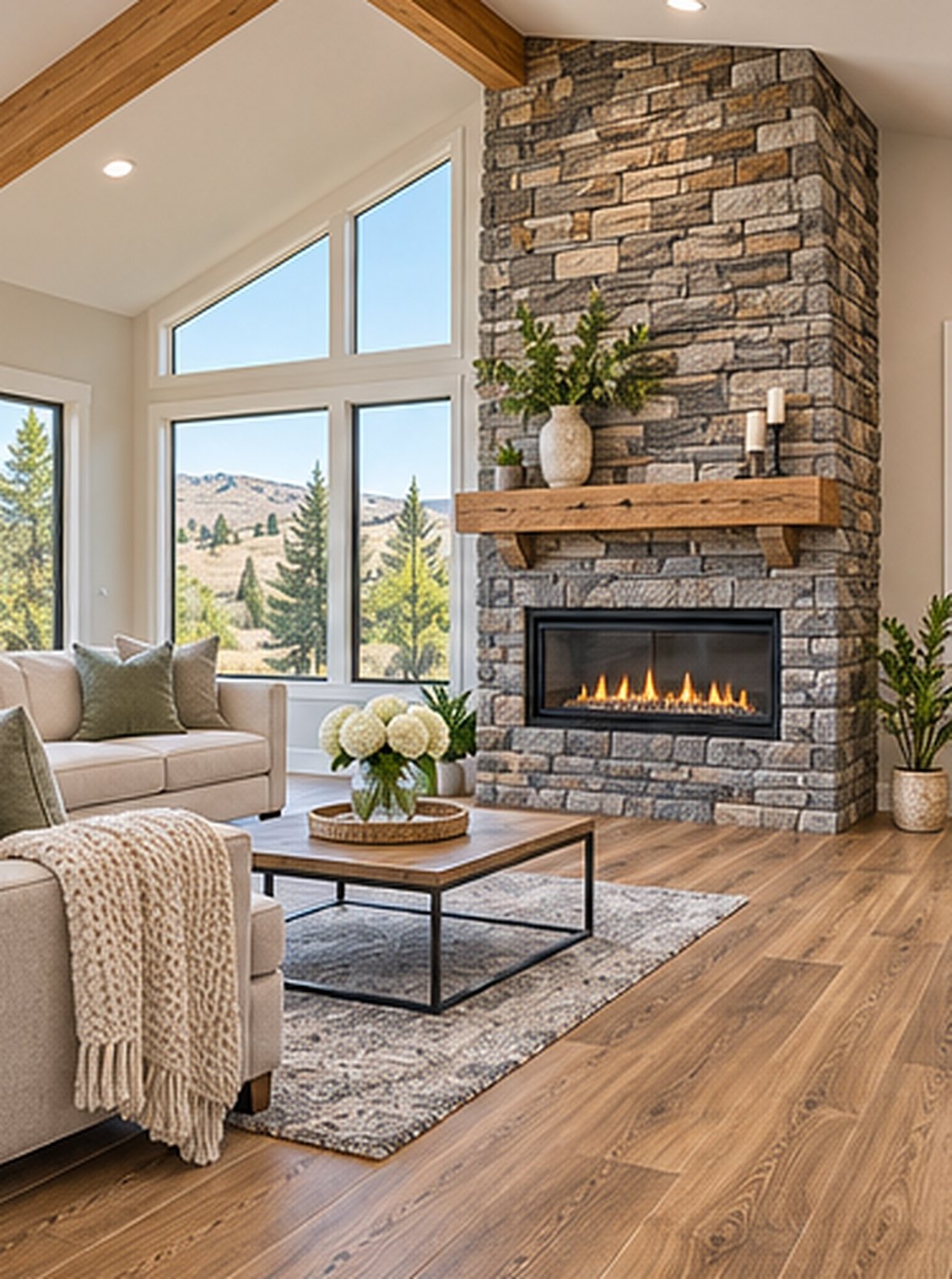 A living room with new wood-look vinyl plank flooring and a stacked-stone fireplace wall