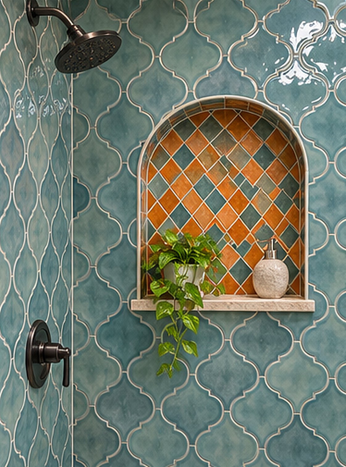 A shower wall in blue-green arabesque tile with an arched niche